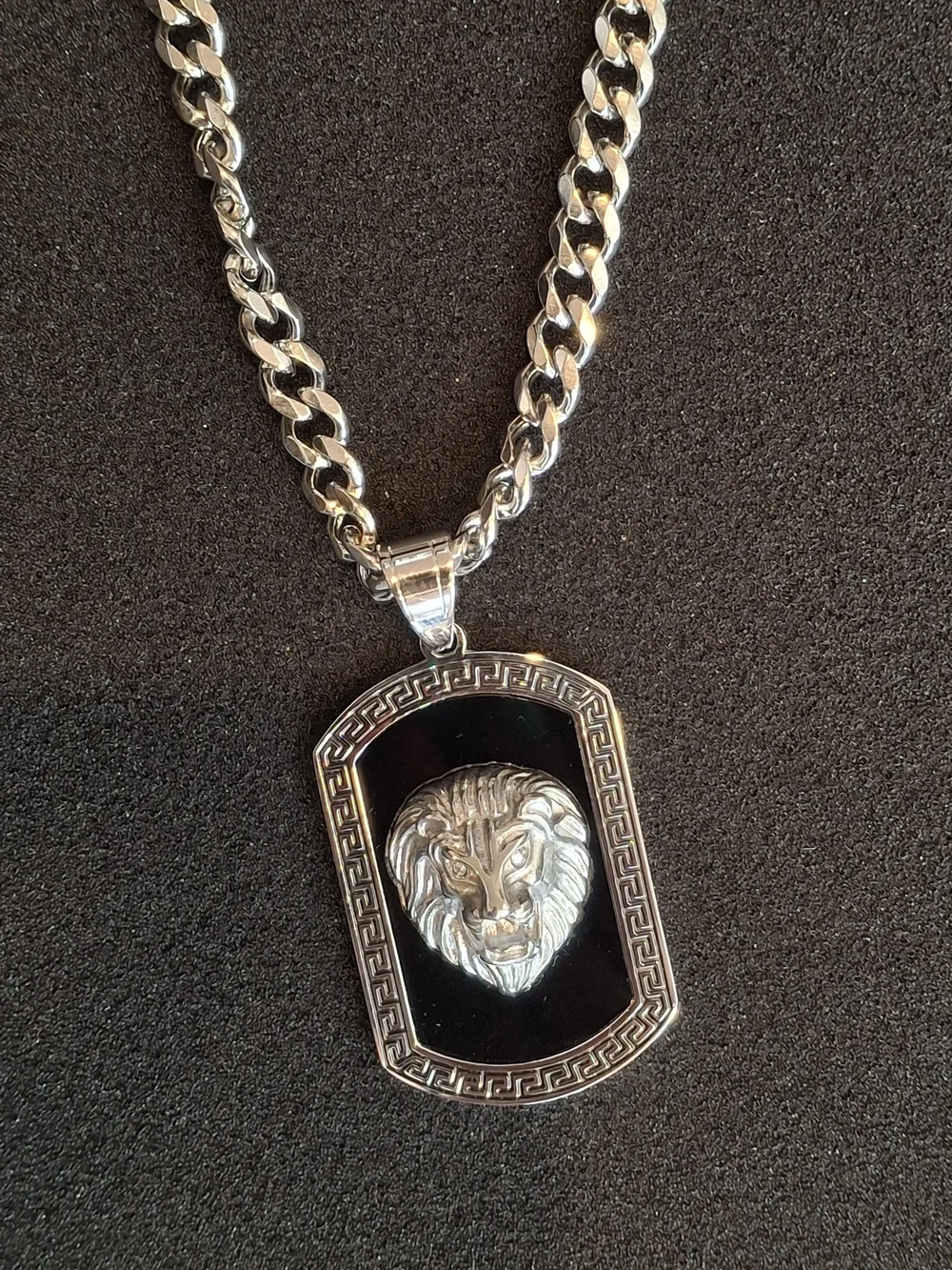 Men's Silver Lion Pendant Necklace - Black Inlay